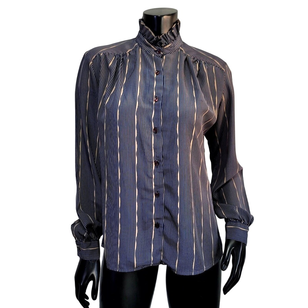 Vintage Nordstrom Town‎ Square Striped High Neck Blouse Secretary Top Womens S
